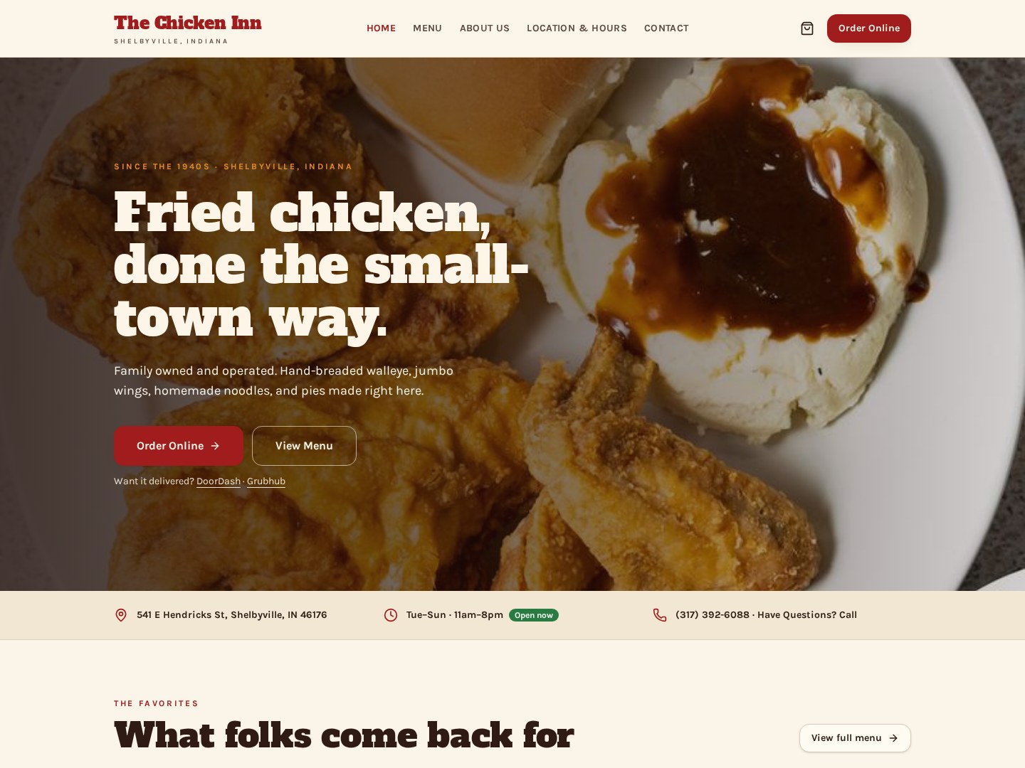 The Chicken Inn website showing fried chicken and sides with an order online button