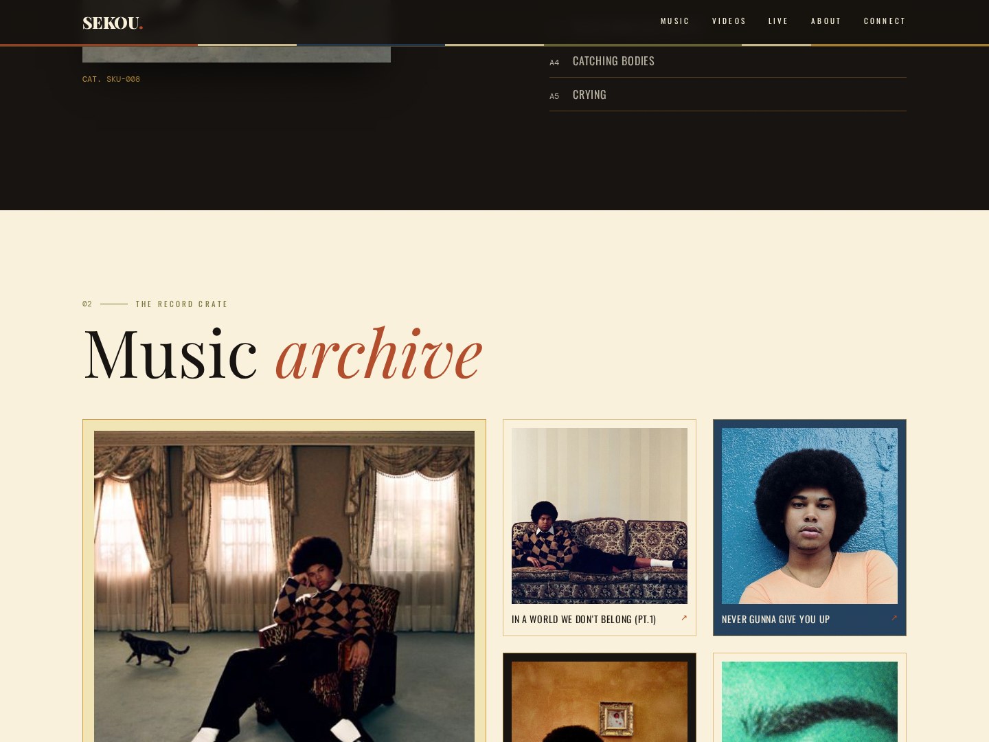 Sekou website showing its editorial music archive and release artwork