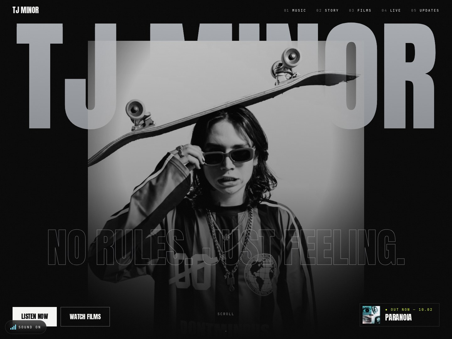 TJ Minor website with large typography and a black-and-white artist portrait