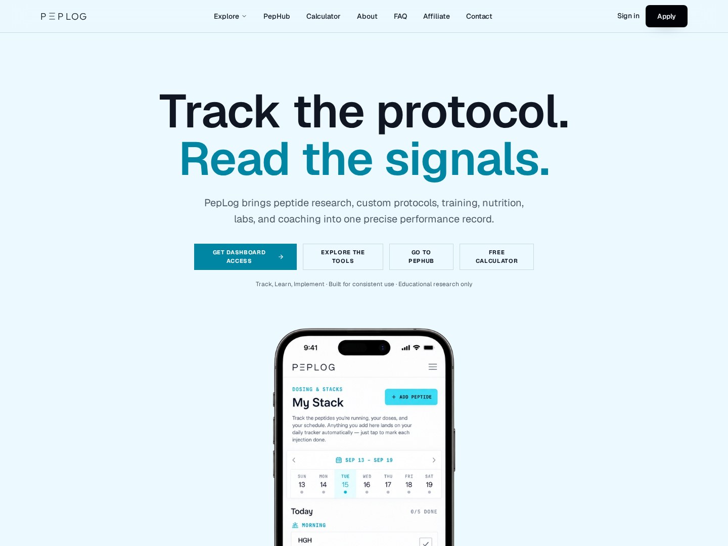 PepLog website with its performance tracking introduction and mobile dashboard preview