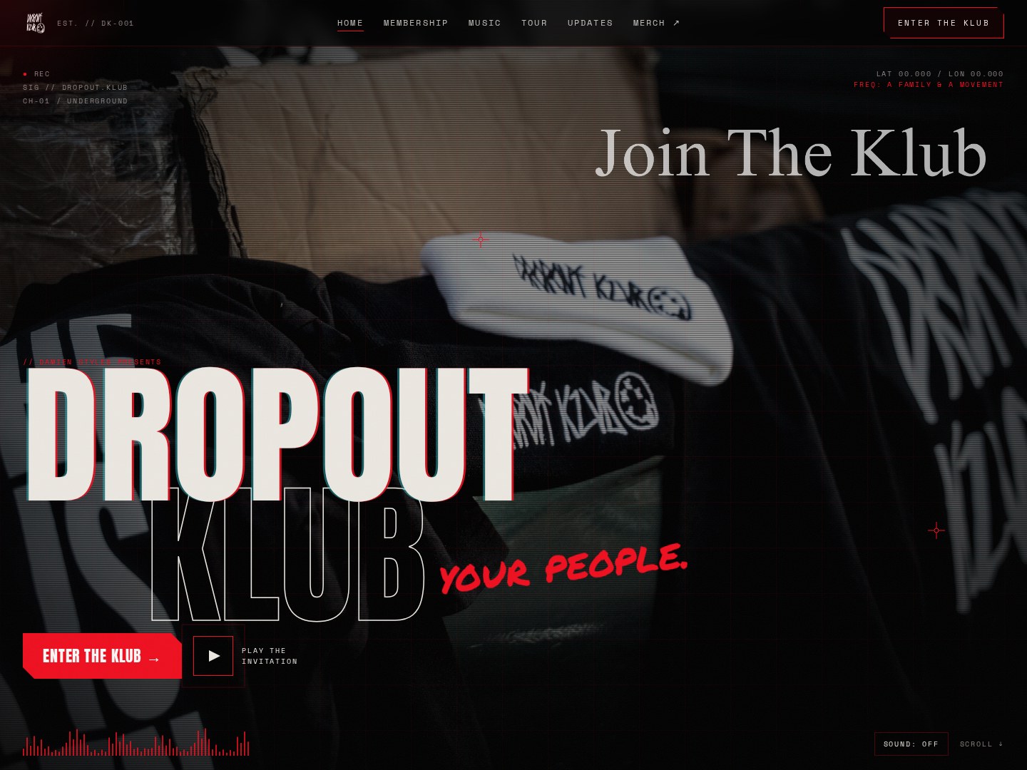 Dropout Klub website with its membership invitation and bold red-accented typography