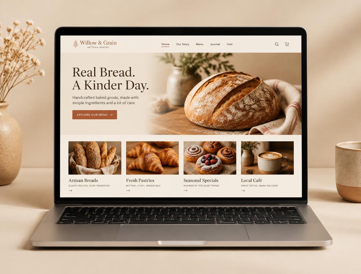 A bakery website with a menu and online ordering, shown on a laptop